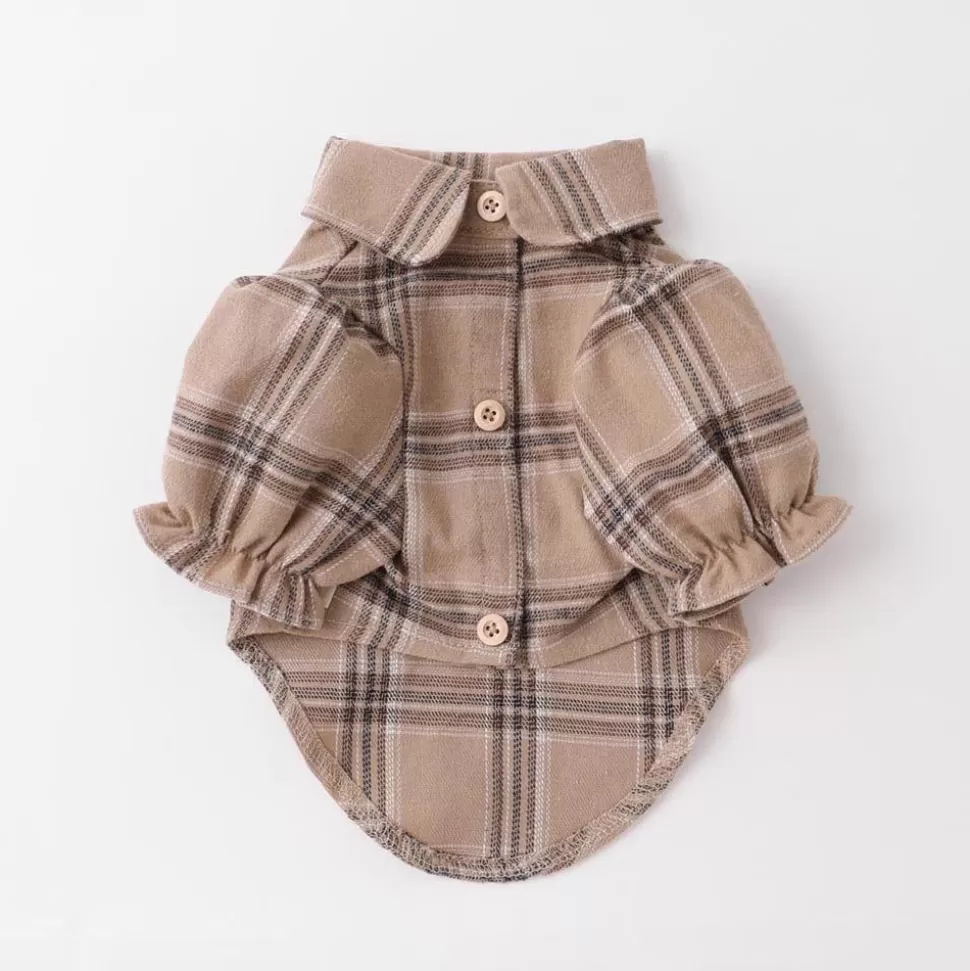 Tops*MonCheri Check Puff Sleeve Round Collar Shirt
