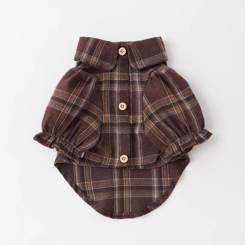 Tops*MonCheri Check Puff Sleeve Round Collar Shirt