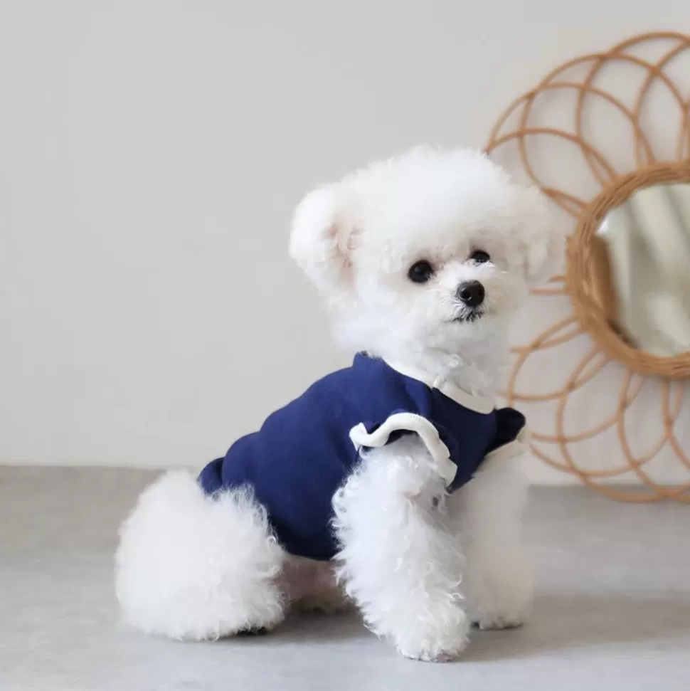 Tops*MonCheri Color Scheme Piping Ribbon Frilled Top Navy